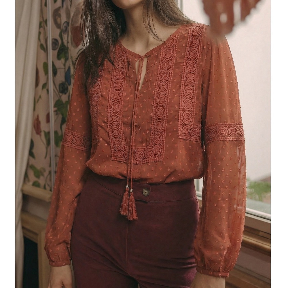 Miss Me Swiss Dot Blouse Women Large Rust Good Boho Crochet Tassel - Picture 2 of 13